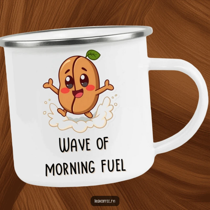 Funny happy coffee bean character with cheerful eyes, joyfully leaping from a frothy wave on a durable camping mug, joyful outdoor brew companion.