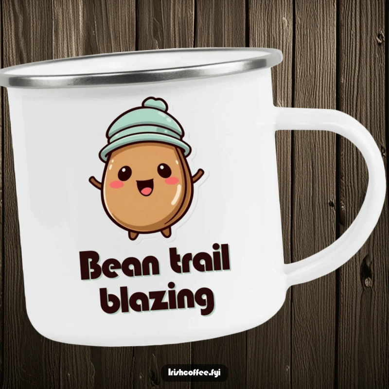 Funny camping mug with a cute coffee bean wearing a tiny hat, perfect for outdoor charm.