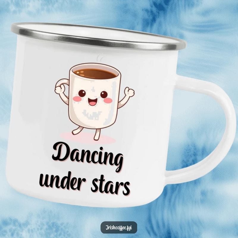 Funny camping mug featuring a cheerful coffee mug character doing a happy dance, perfect for rustic brews and outdoor coffee enjoyment.
