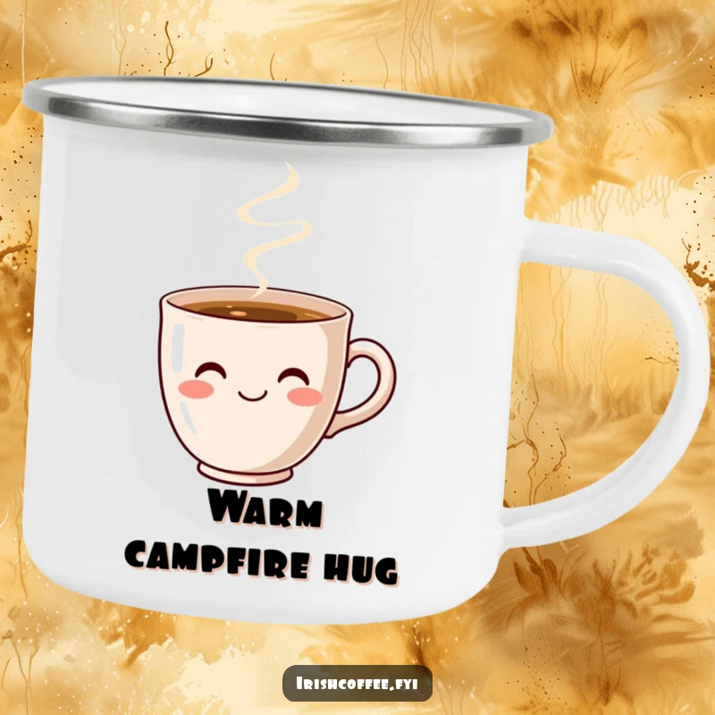 Funny Coffee Cup Smile Camping Mug: A cute, smiling coffee cup steams, perfect for outdoor enjoyment.