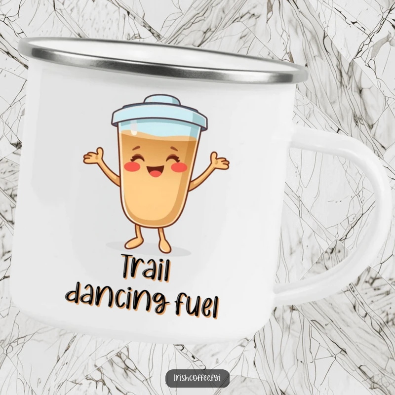 Funny coffee character camping mug smiling and dancing playfully, ideal for outdoor adventures and humorous sips.
