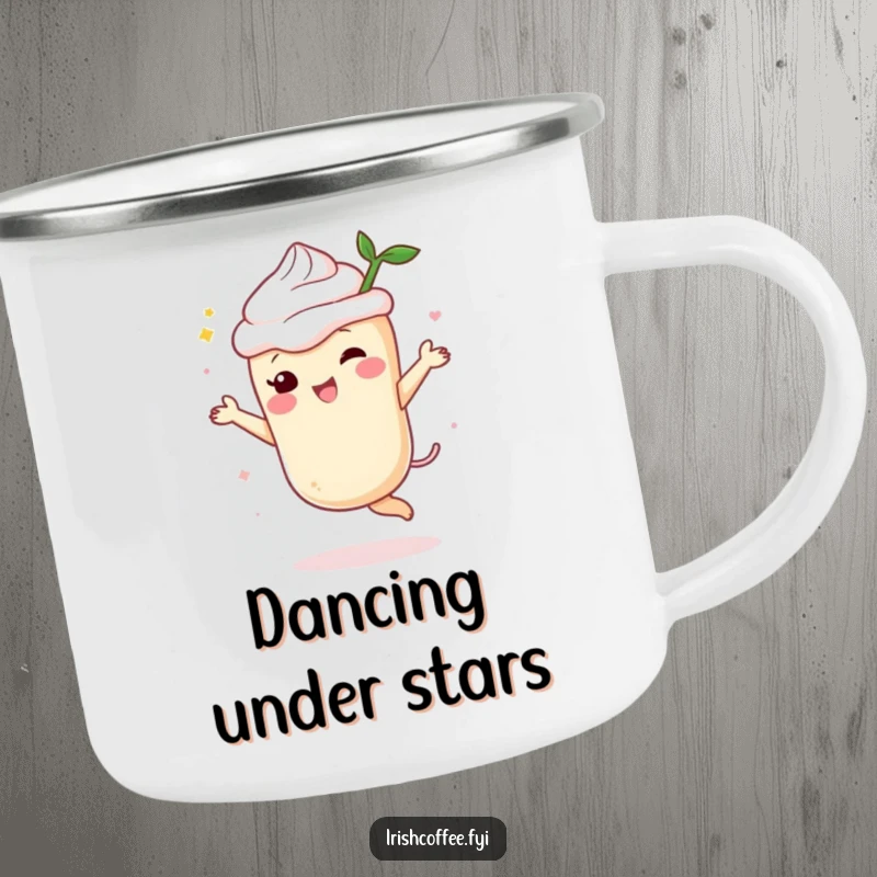 Funny cream liqueur camping mug featuring a joyful spirit character dancing with delight, perfect for outdoor brews and celebratory vibes.