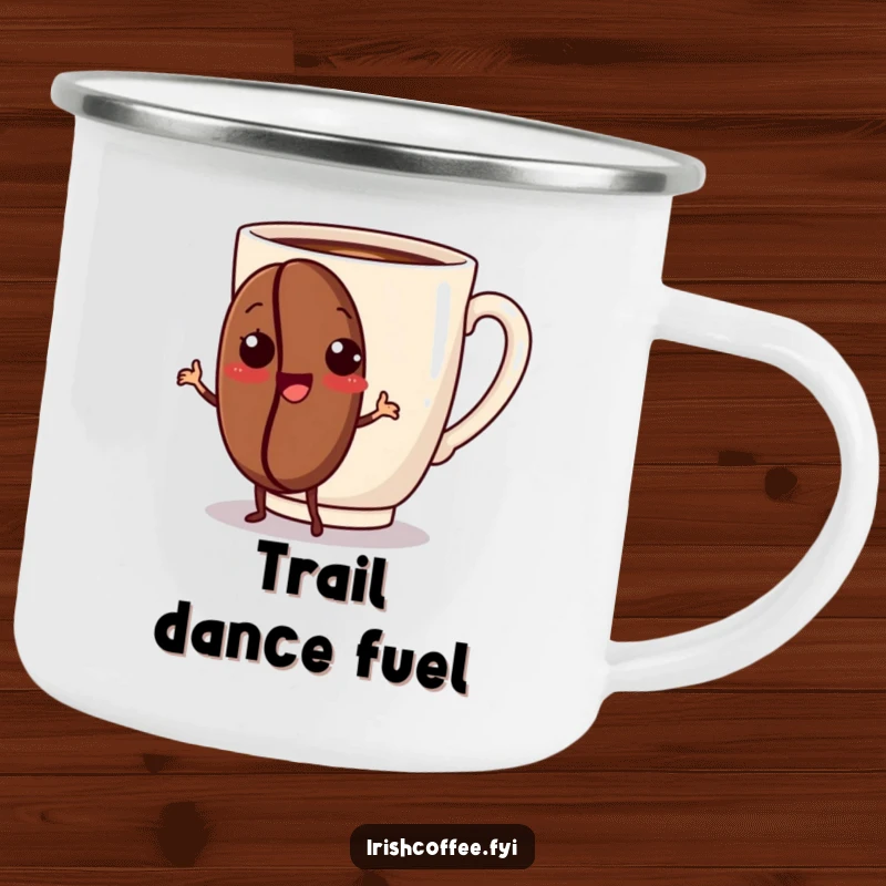 Funny camping mug featuring a coffee bean character dancing enthusiastically, perfect for enjoying drinks outdoors with a fun vibe.