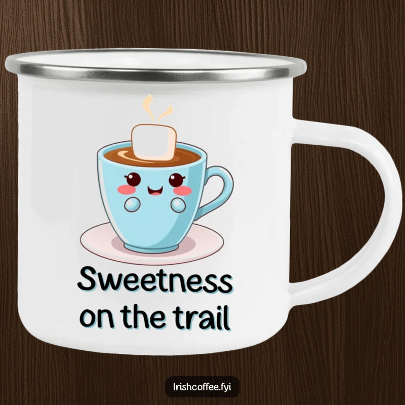 Funny camping mug featuring a mischievous, giggling sugar cube, perfect for enjoying drinks outdoors with a touch of humor.