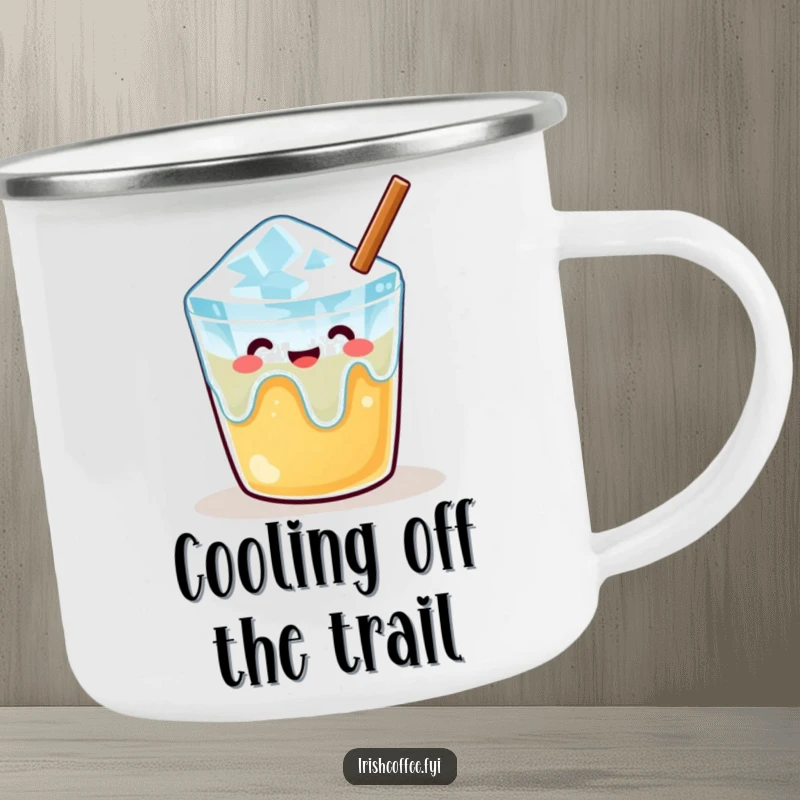 Funny camping mug featuring a content melting ice cube in a warm drink, perfect for enjoying beverages outdoors with a relaxed feel.