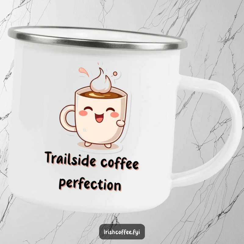 Funny cheerful coffee mug character happily sipping coffee, durable camping mug for outdoor enjoyment.