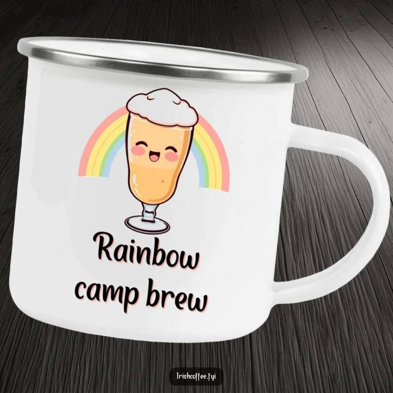 Funny Camping Mug with an enamel finish, showing a giggling Irish coffee glass sliding down a rainbow, ideal for outdoor enthusiasts.
