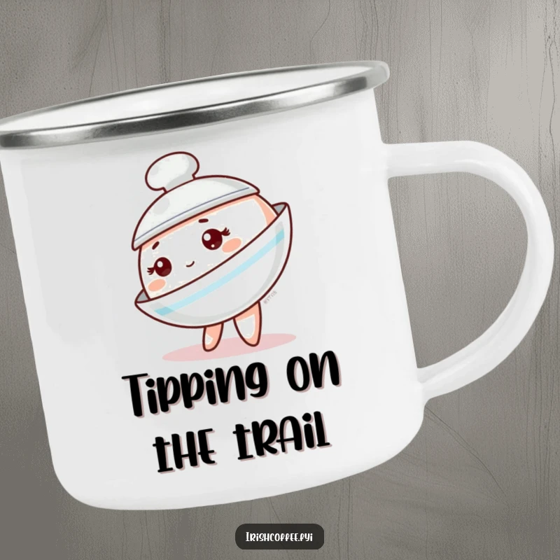 Funny saucer camping mug featuring a playful tableware character tipping to the side, perfect for outdoor brews and quirky fun.