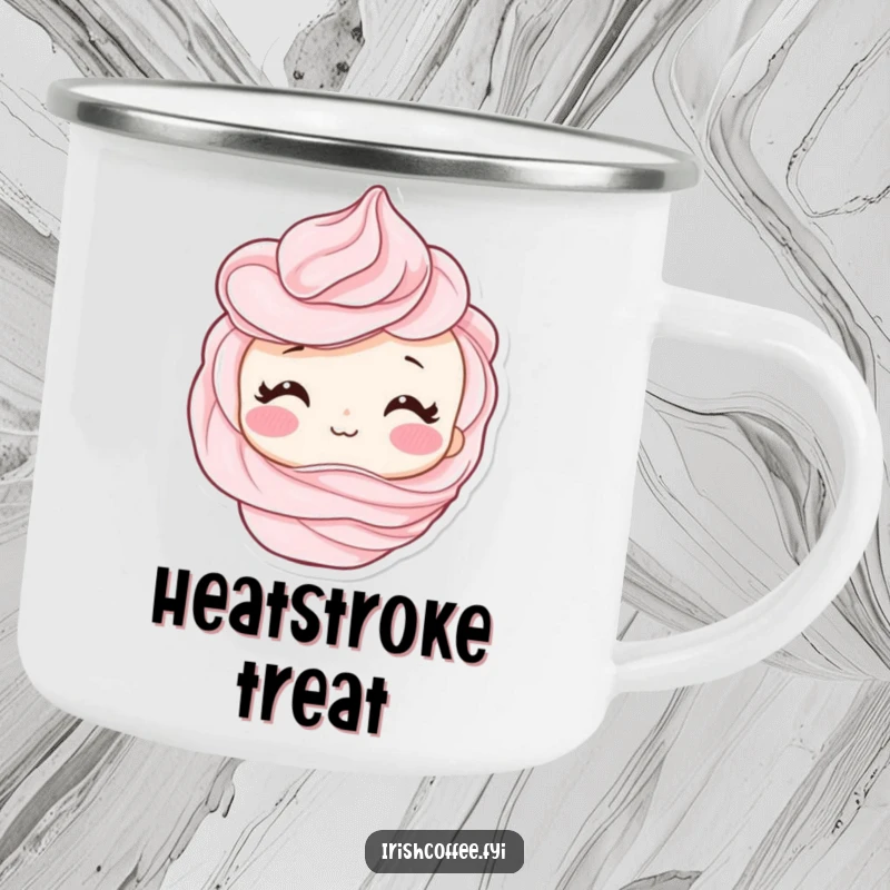 Funny camping mug with a shy whipped cream swirl character blushing, perfect for outdoor drinks with a touch of sweetness.