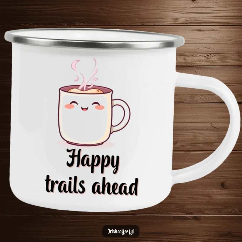 Funny steaming mug character camping mug, with a cheerful rosy blush, designed for outdoor enjoyment and humorous vibes, great funny gift.