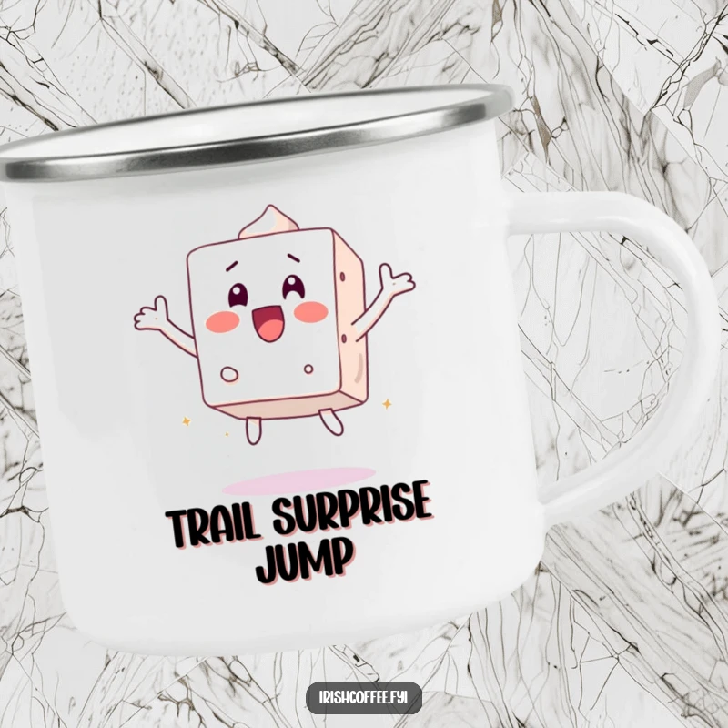 Funny camping mug with a surprised sugar cube character jumping, perfect for outdoor drinks with a jolt of humor.