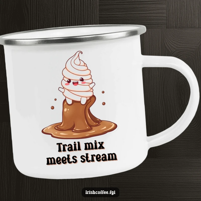 Funny camping mug with a delighted whipped cream character effortlessly sliding down a coffee stream, ideal for rugged, humorous enjoyment.
