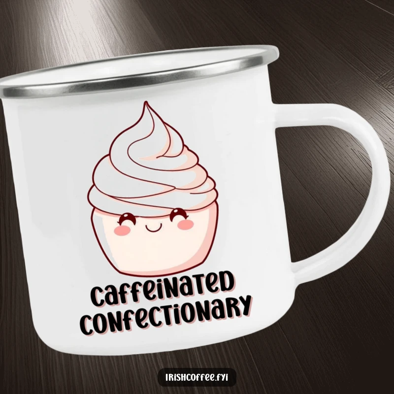 Funny enamel camping mug with a delighted whipped cream swirl winking, ideal for outdoor use and adding humor.