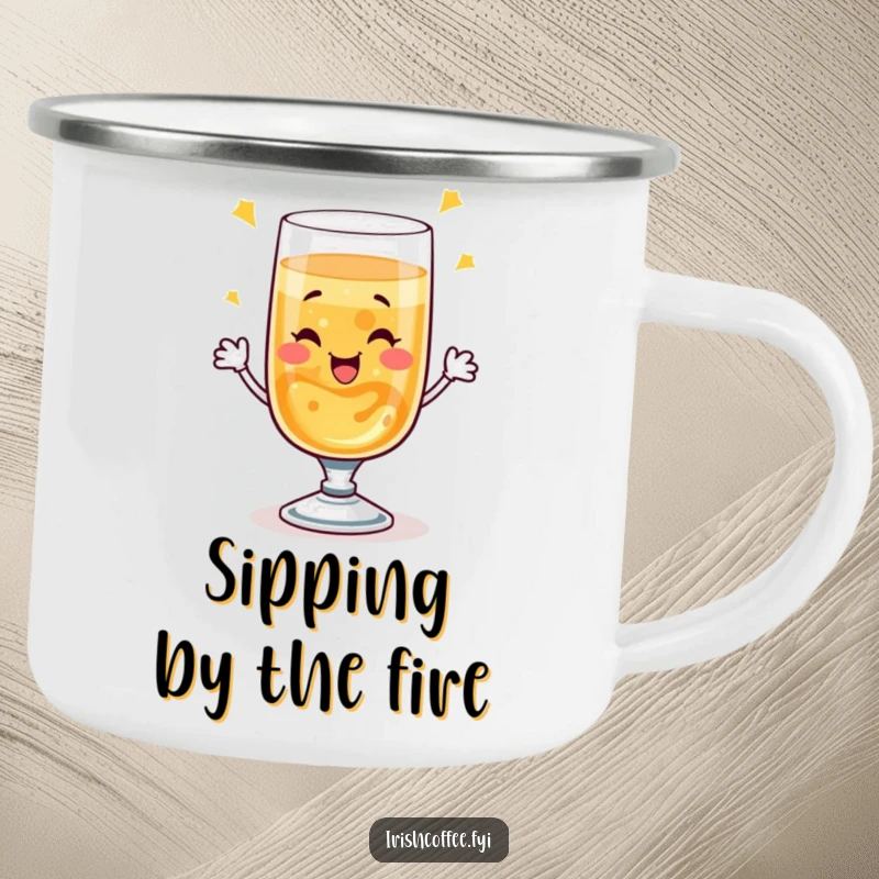 Funny enamel camping mug with a winking whiskey glass making a bubbly toast, designed for outdoor humor and enjoyment.