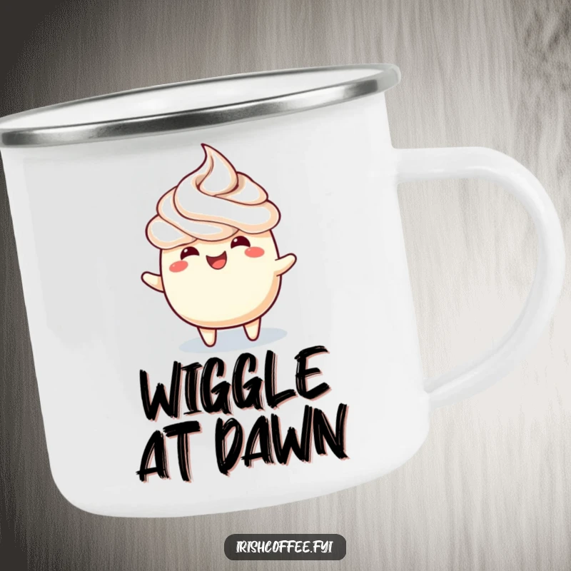 Funny camping mug with a happy frothy topping doing a joyful wiggle, ideal for outdoor fun.