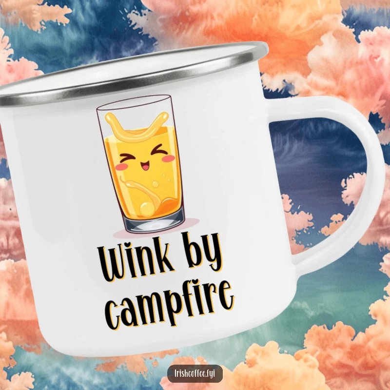 Funny camping mug with a happy whiskey glass, liquid swirling inside, slyly winking during outdoor trips.
