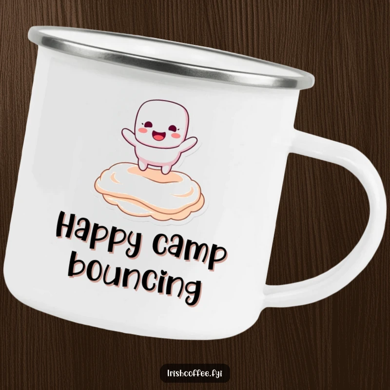 Funny camping mug featuring a marshmallow character happily bouncing on creamy topping, ready for sweet outdoor fun.