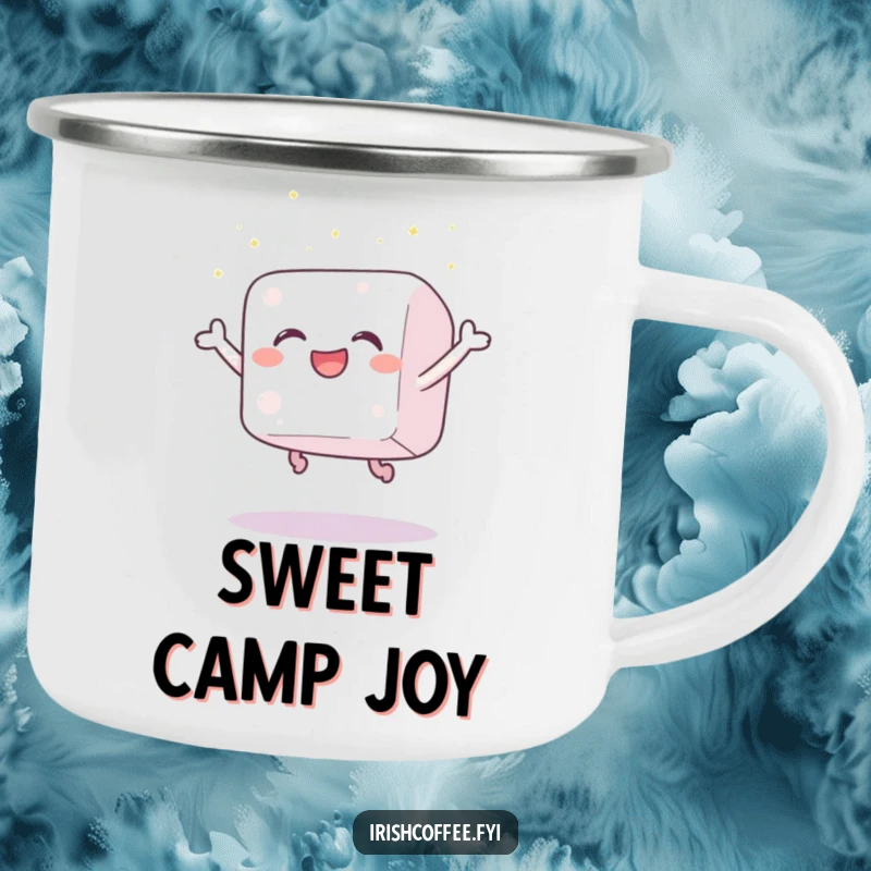 Funny camping mug showing a gleeful sugar cube leaping high with joy, scattering sparkles, designed for outdoor fun and sweet humor.