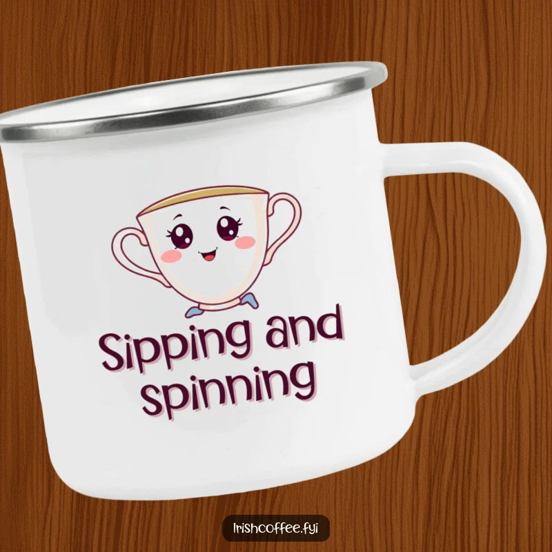 Funny camping mug showing a cheerful teacup with saucy eyes, performing a graceful playful pirouette, designed for outdoor enjoyment and humor.