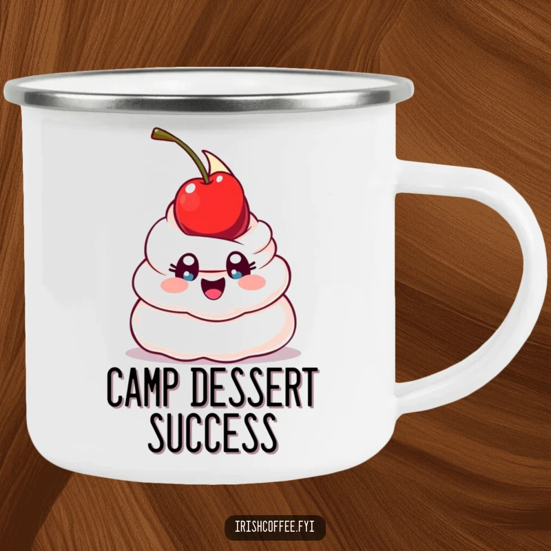Funny camping mug showing a happy whipped cream dollop with wide eyes, humorously attempting to balance a cherry, designed for outdoor fun and sweet humor.
