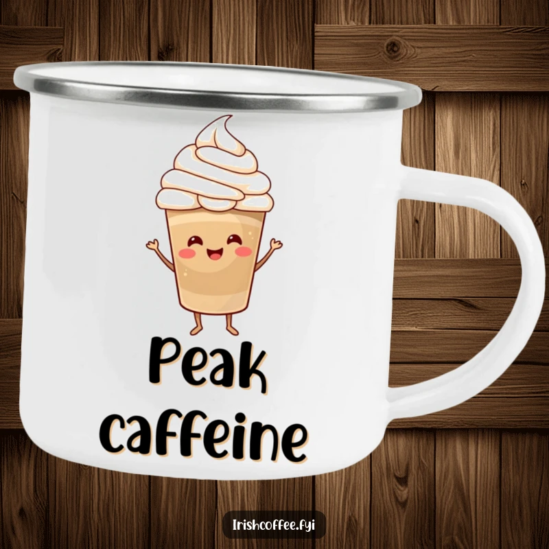 Funny Camping Mug with an enamel finish, showing a happy coffee cup with a whipped cream hat dancing joyfully, ideal for outdoor enthusiasts.