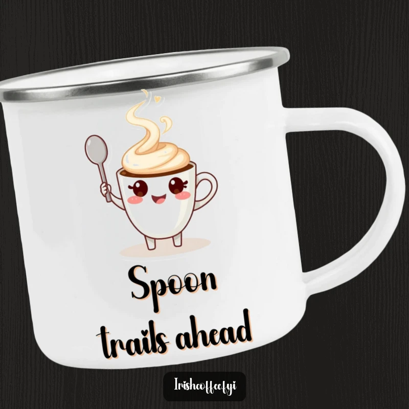 Funny camping mug with a cheerful coffee cup character waving a spoon, perfect for outdoor humorous enjoyment.