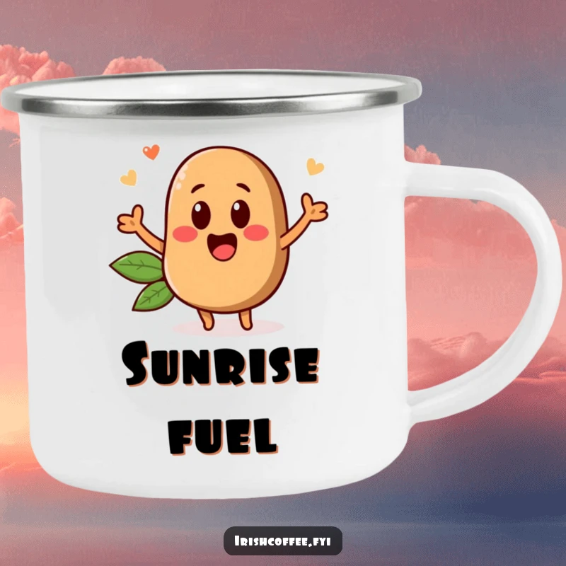 Funny camping mug featuring an excited coffee bean character popping up, perfect for outdoor enthusiasts who love a good laugh.