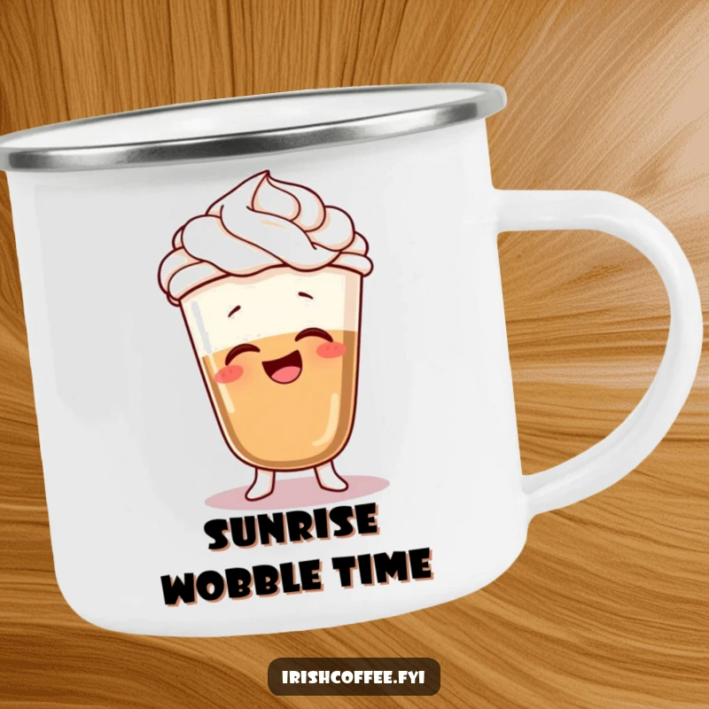 Funny enamel camping mug with a giggling coffee character, whipped cream hair, in a silly wobble, for outdoor coffee lovers.