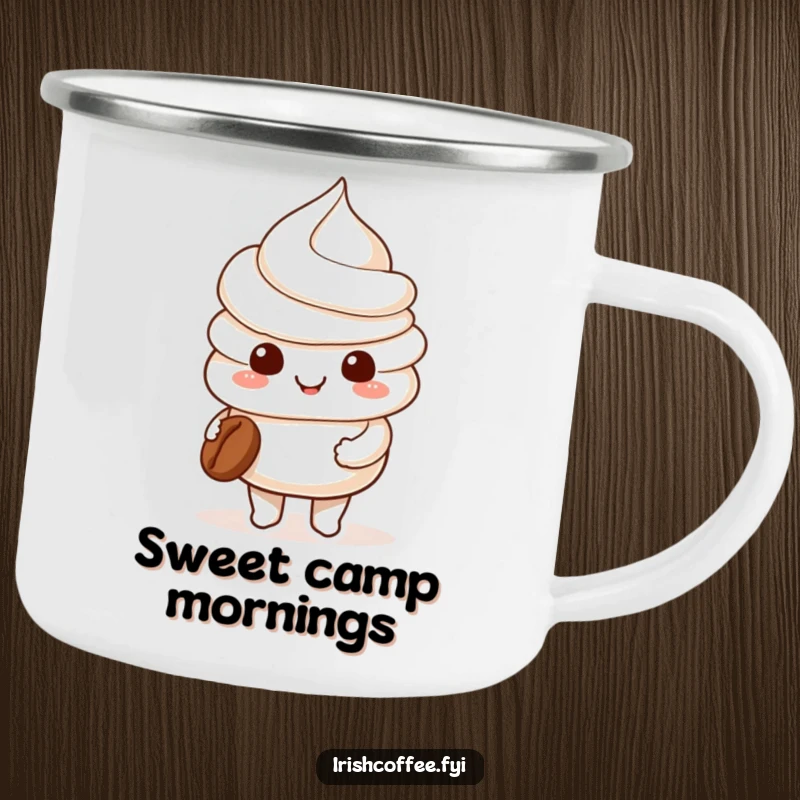 Funny smiling whipped cream character holding a tiny coffee bean on a camping mug, perfect for outdoor enjoyment with sweet charm.