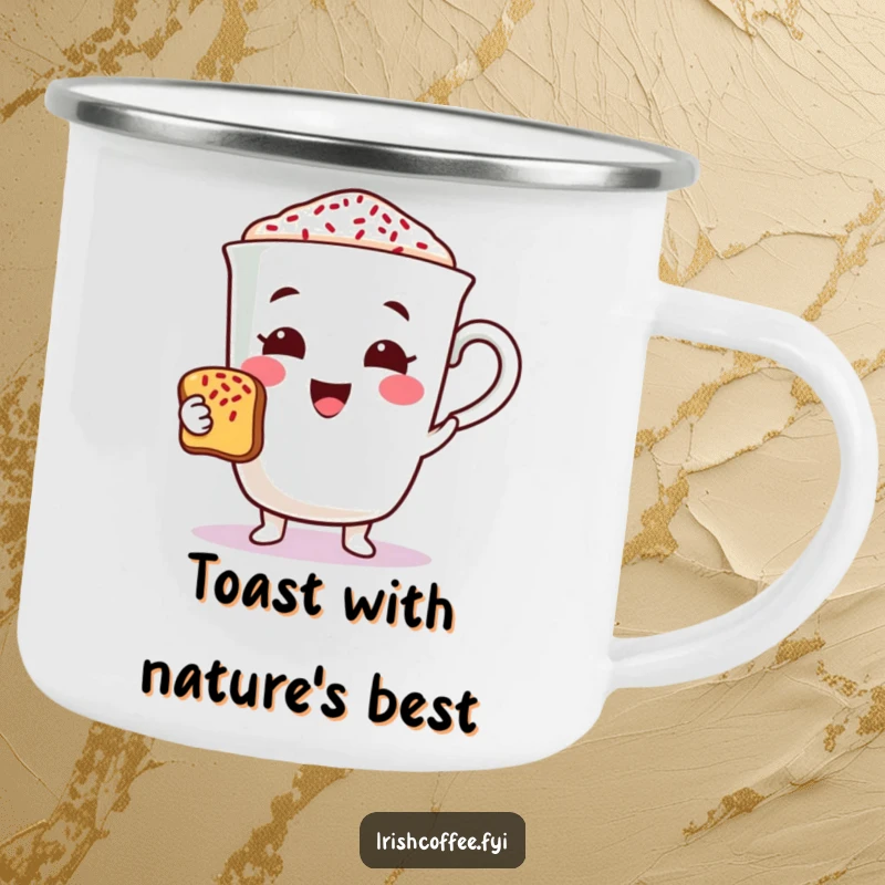 Funny coffee character camping mug cheerfully offering a toast with sprinkles, ideal for outdoor adventures and humorous celebrations.