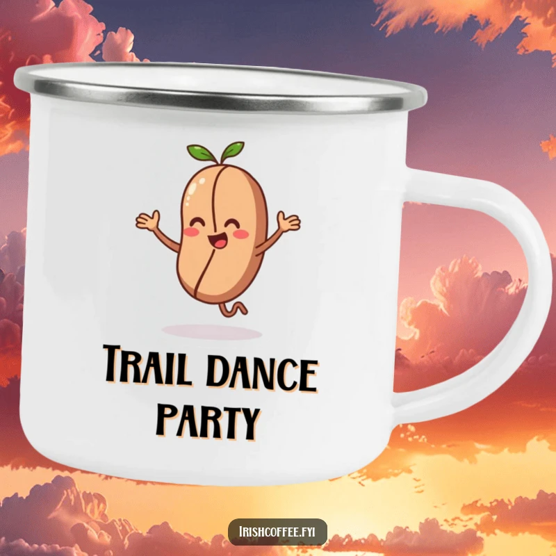 Funny camping mug with a coffee bean character doing an energetic dance, ideal for lively outdoor moments.