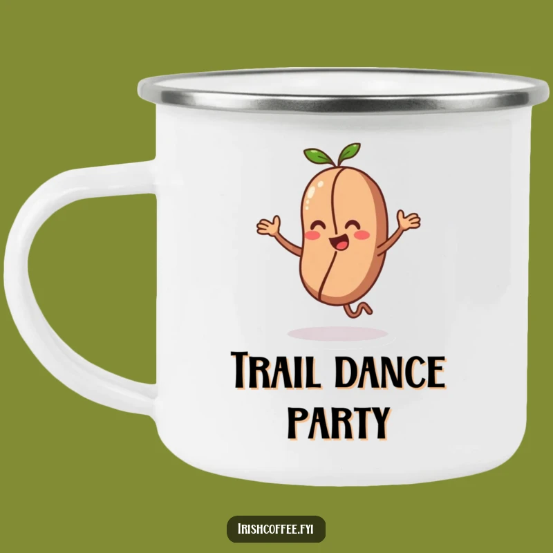 Funny Camping Mug with a Dancing Coffee Bean Character an Energetic Gift