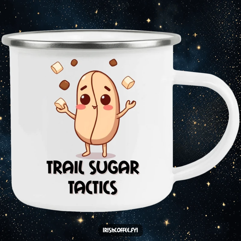 Funny camping mug with a curious coffee bean character juggling sugar cubes, perfect for rugged, yet sweet, outdoor enjoyment.