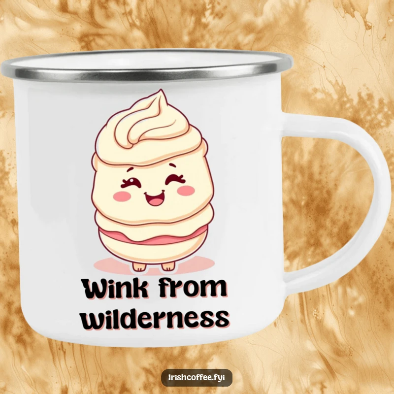 Funny camping mug with a cream layer character playfully winking with a swirl, ideal for sweet outdoor moments.