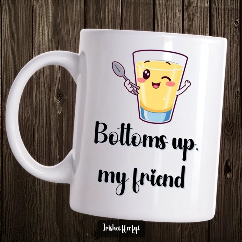 Funny mug illustration of a happy shot glass character giggling and winking while holding a tiny spoon, full of mirth.