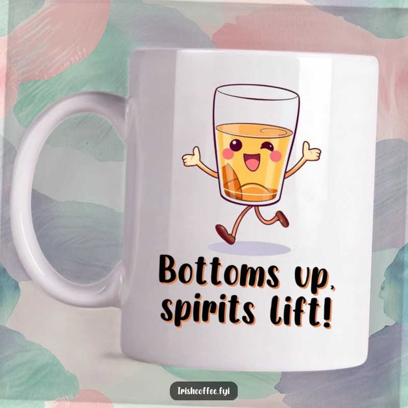 Funny whiskey glass mug with a cartoon character happily hopping with glee, perfect for a spirited and humorous gift.