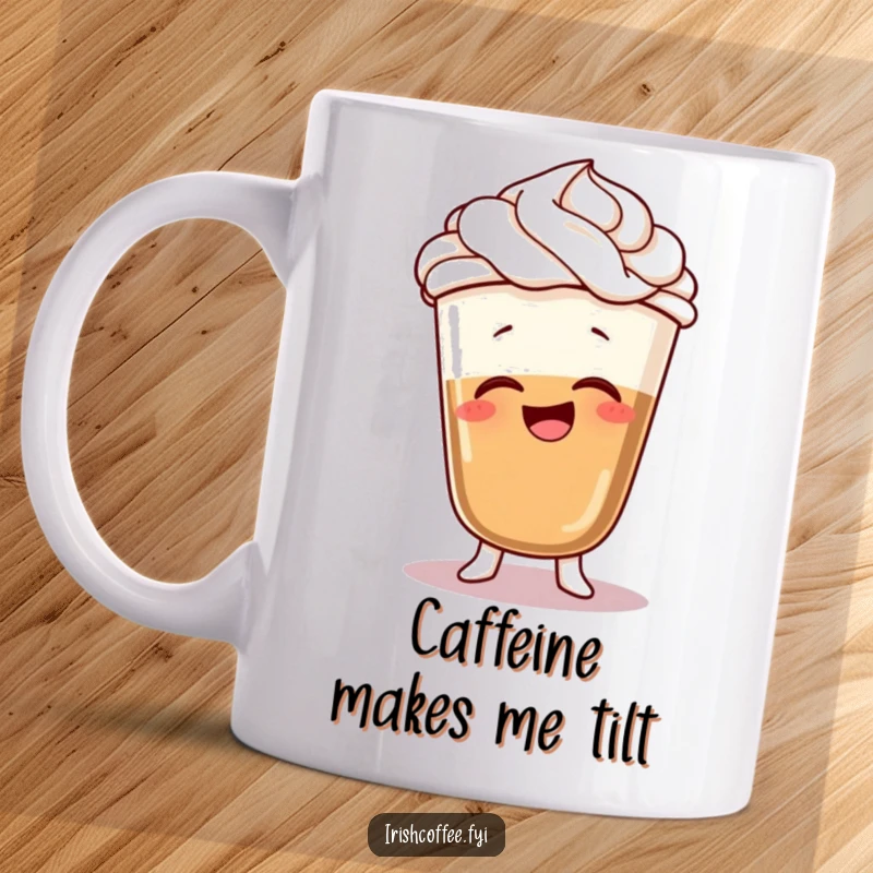 Funny coffee mug with a giggling character, whipped cream hair, and a silly wobble, conveying pure morning delight.