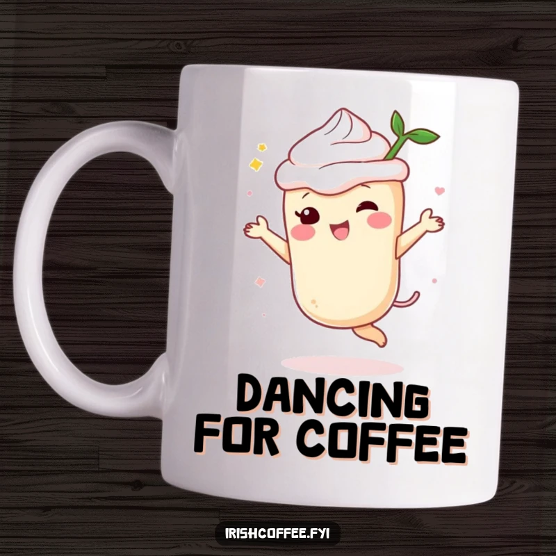 Funny cream liqueur mug featuring a happy spirit character dancing with pure delight, perfect for cocktail hour humor.