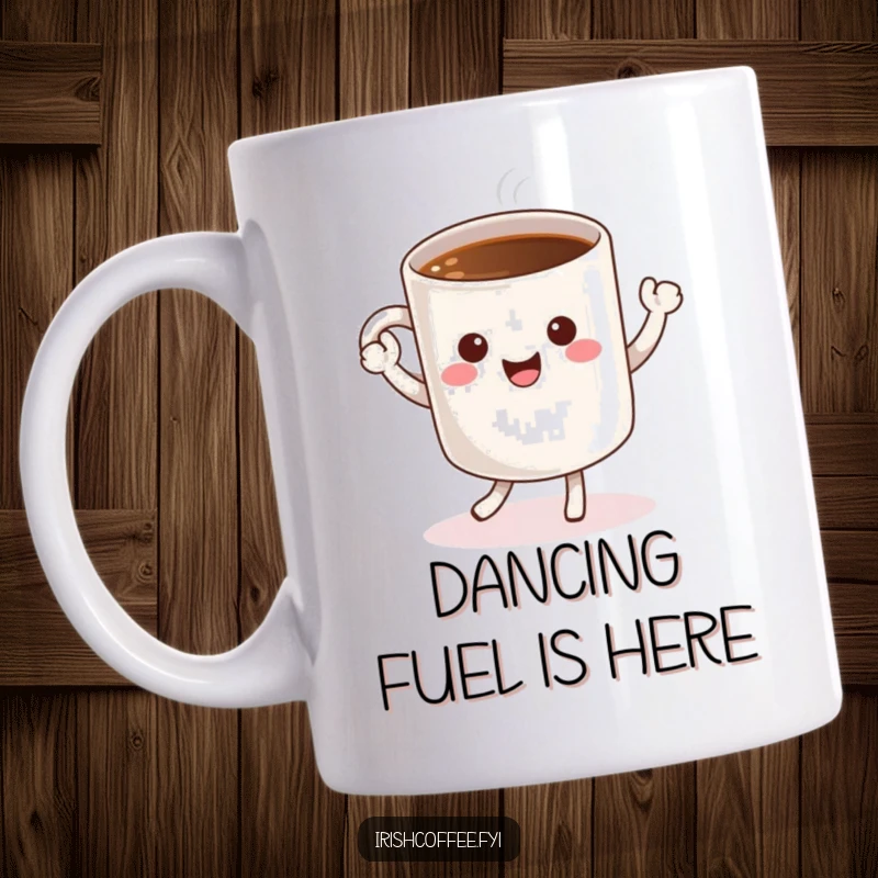 Funny mug featuring a cheerful coffee mug character doing a happy little dance, perfect for adding lively energy to your morning brew.