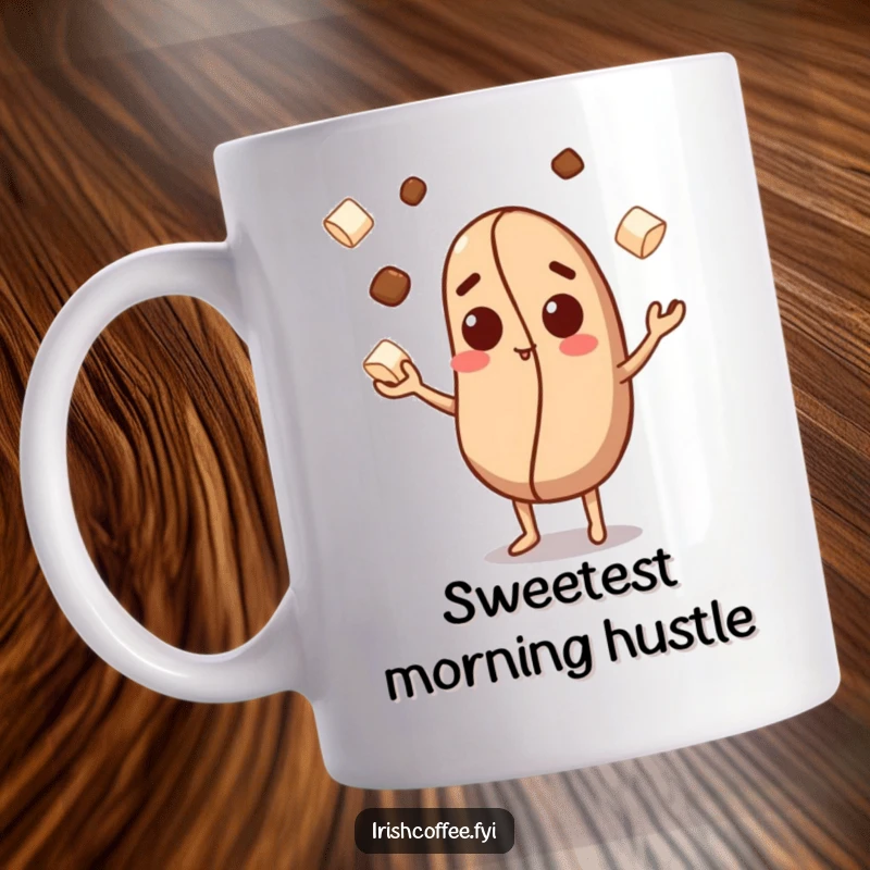 Funny coffee mug featuring a curious coffee bean character skillfully juggling small sugar cubes, embodying playful energy.