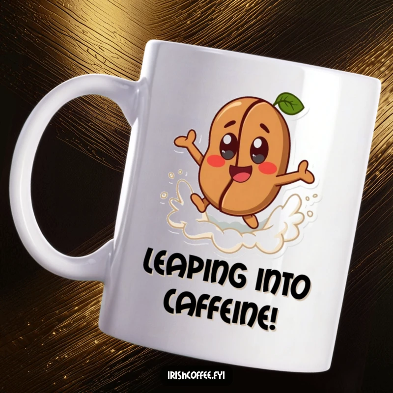Funny happy coffee bean character with cheerful eyes, joyfully leaping from a frothy wave on a mug, caffeine lover gift.
