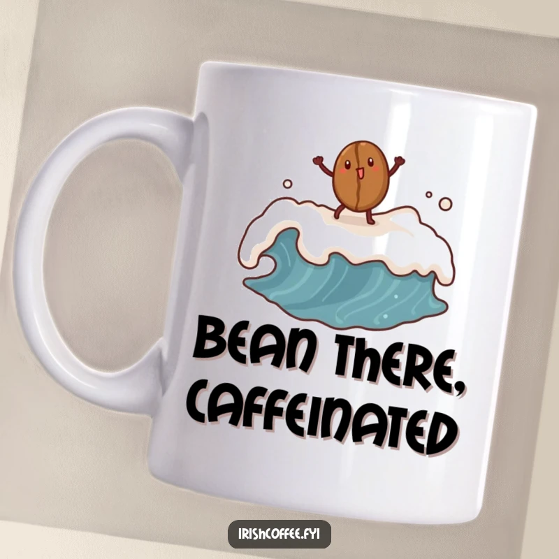 Funny coffee bean mug featuring a dancing bean atop a frothy wave, celebrating morning coffee rituals.