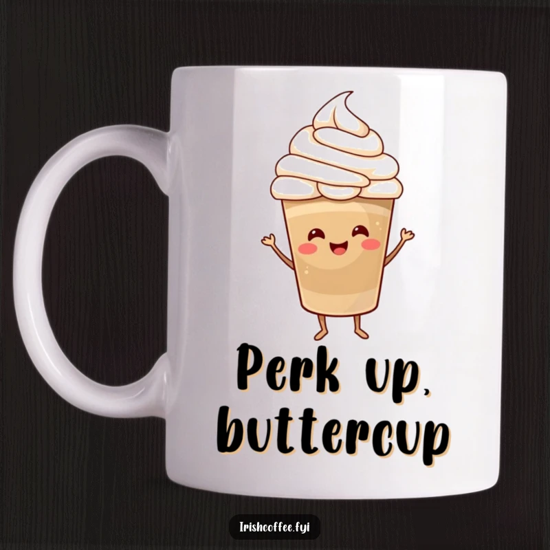 Funny Mug featuring a happy coffee cup with a whipped cream hat dancing joyfully, radiating morning energy and caffeine cheer.