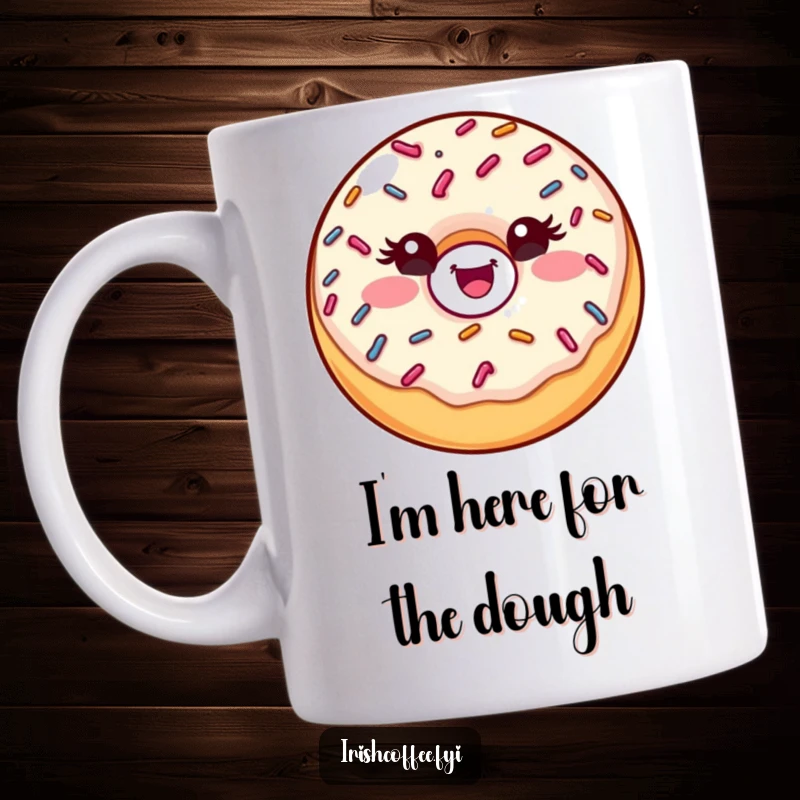 Funny donut mug with colorful sprinkles winking playfully at the viewer, evoking joy and a love for sweet treats.