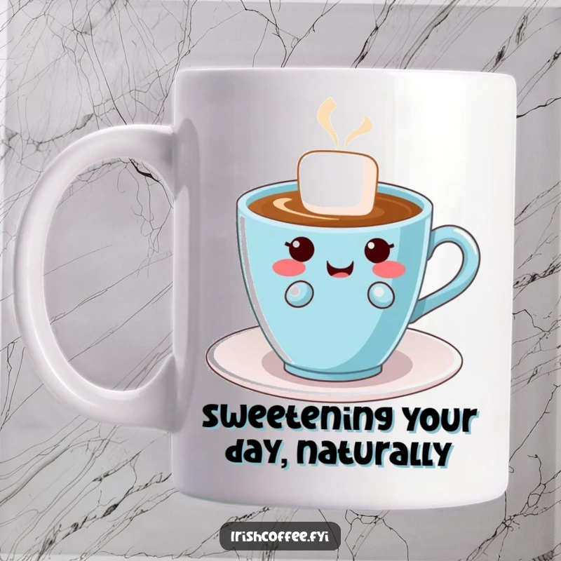 Funny coffee mug featuring a mischievous, giggling sugar cube floating playfully near a steaming cup. It embodies sweet, lighthearted fun.