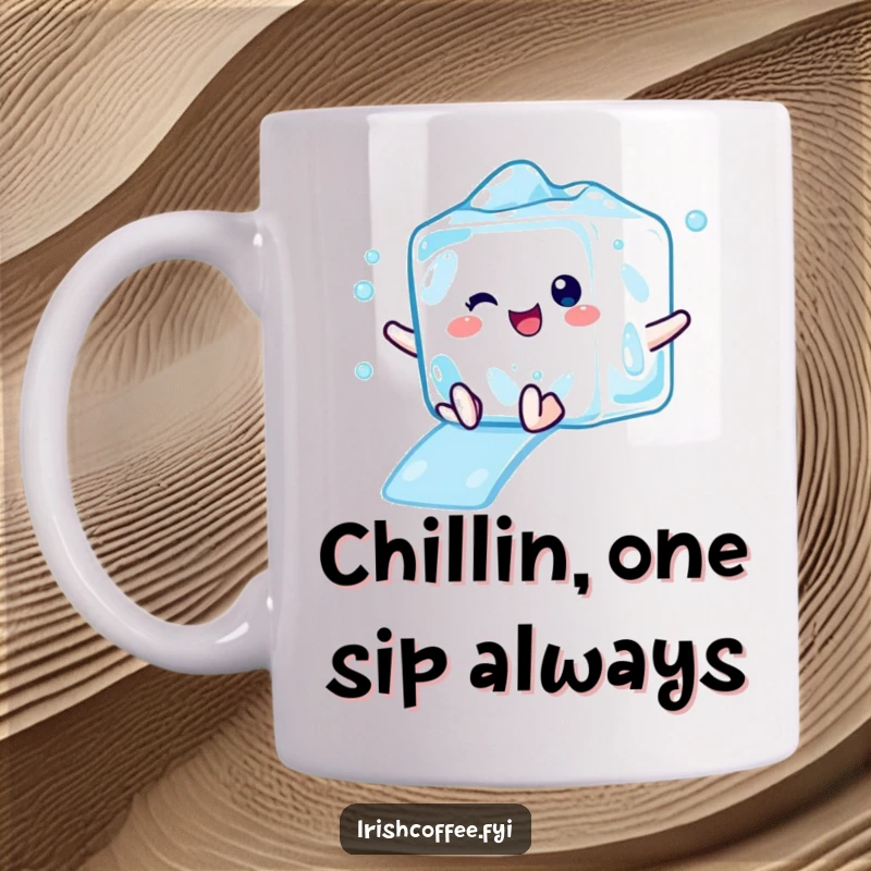 Funny mug featuring a delighted ice cube character with a cool expression, performing a refreshing slide.