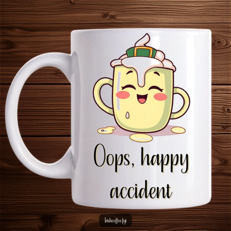 Funny Irish coffee mug featuring a giggling character playfully spilling a little cream, embodying joyful, lighthearted chaos.