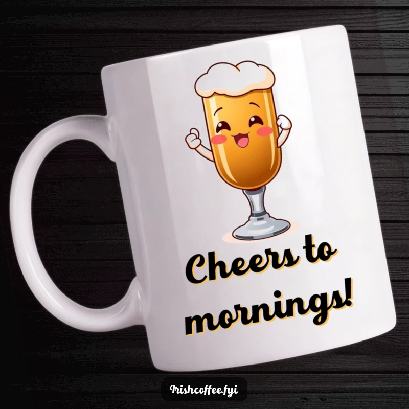 Funny mug featuring a beaming Irish coffee glass gleefully raising a toast, embodying celebration.