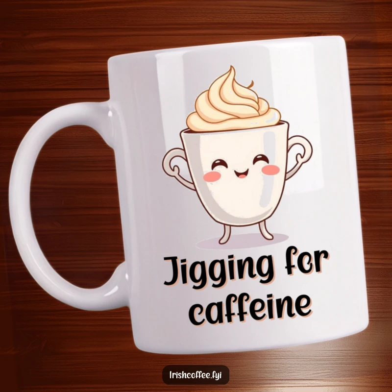 Funny mug showcasing a smiling coffee cup character performing a happy little jig with cream swirling playfully around it.