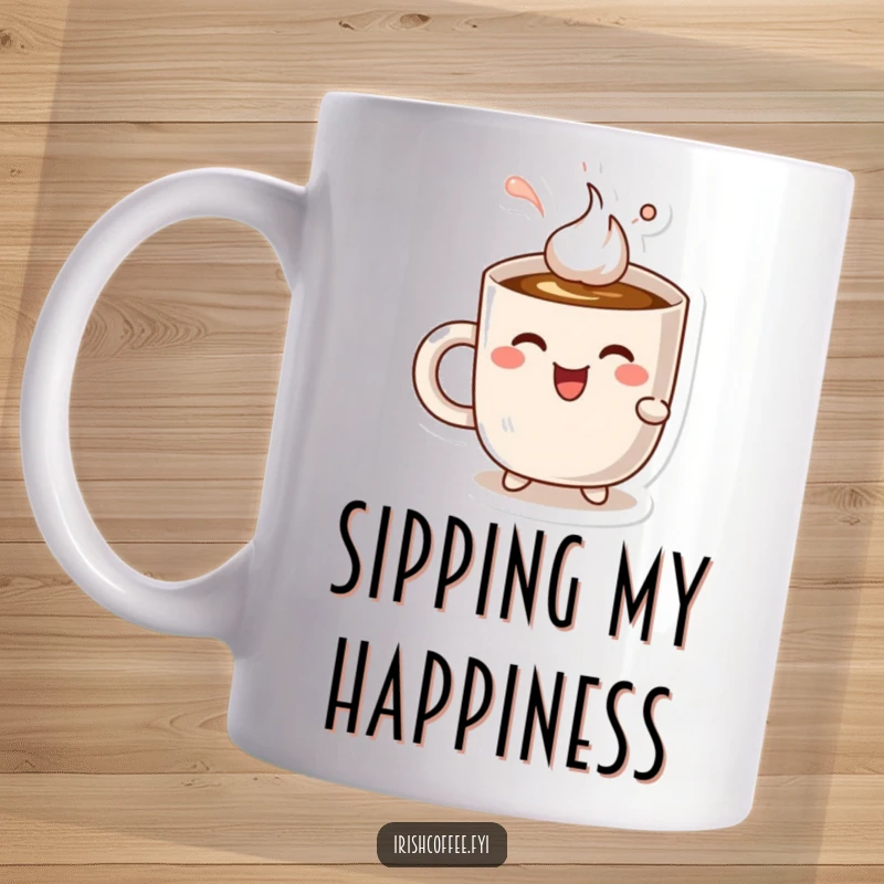 Funny cheerful coffee mug character happily sipping coffee with closed eyes, expressing pure delight, ceramic mug.